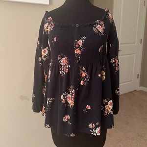 Off the shoulder navy floral blouse